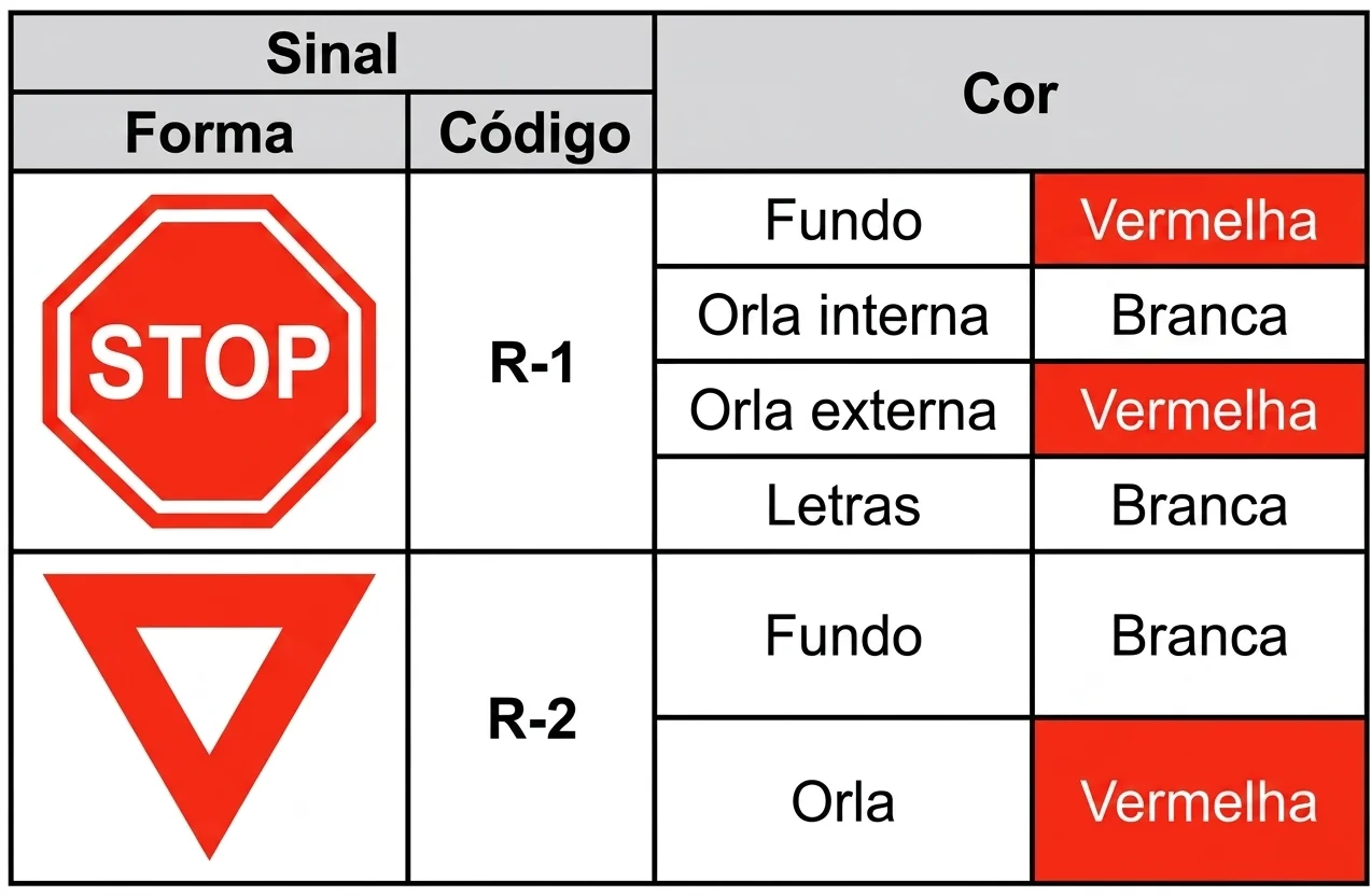 Forma e cores das placas R-1 Parada Obrigatória (octogonal com fundo vermelho e letras brancas) e R-2 Dê a Preferência (triângulo invertido com fundo branco e orla vermelha)
